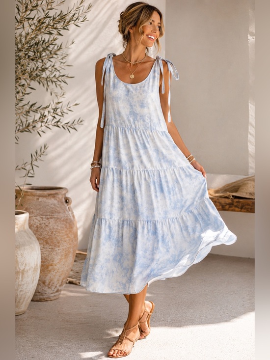 beachlunchlounge Dresses & Skirts - Beach Lunch Lounge Blue Tie Dye Linen Blend Tiered Midi Dress XL Adjustable